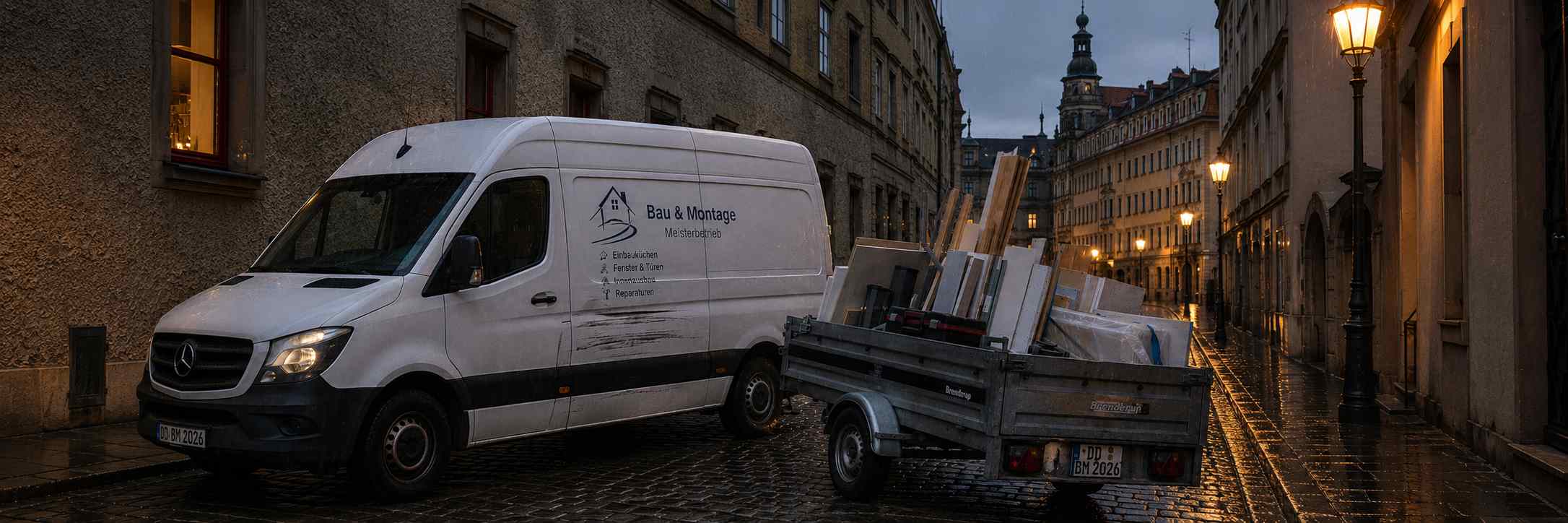 Handwerker-Gespann mit Anhänger auf der Straße