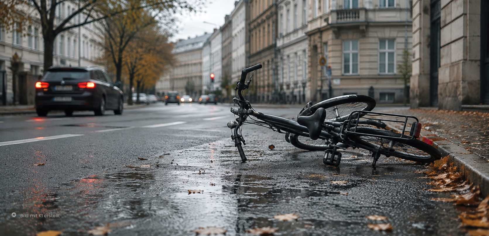 Fahrrad auf nasser Straße nach einem Wegeunfall